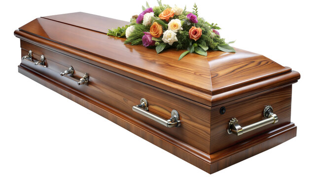 Elegant wooden casket adorned with vibrant floral arrangement isilated on a transparent background