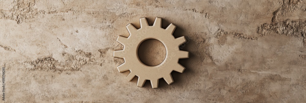 Poster a beige gear symbol rests on a rough, textured surface, illustrating themes of industry and engineer