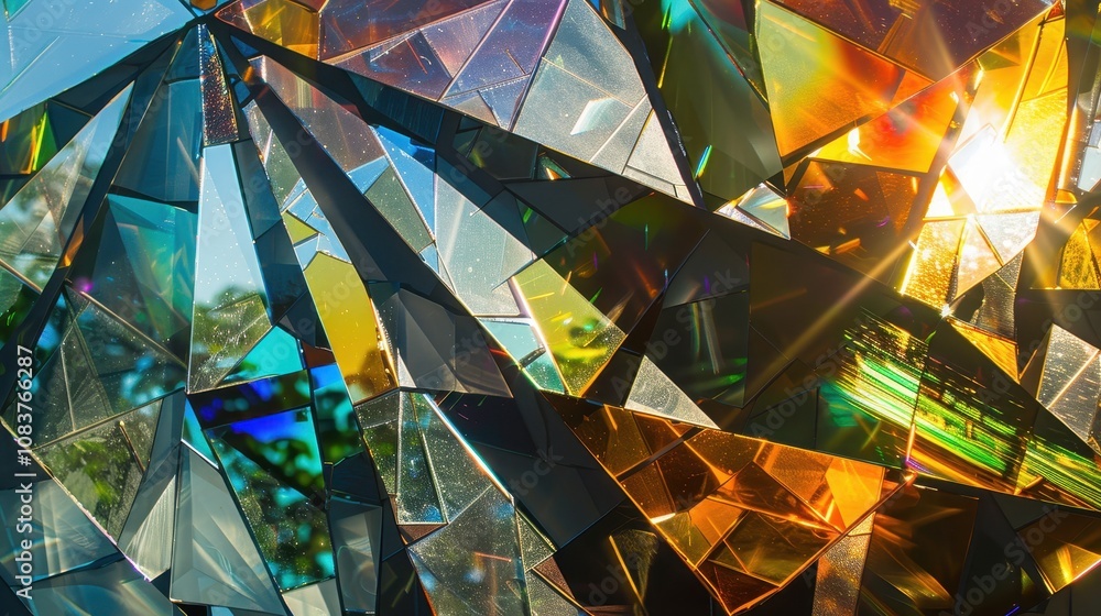 Poster abstract reflection of colorful light through prism glass with sharp edges and shimmering patterns, 