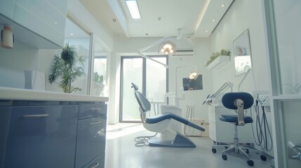 Modern Dental Clinic Interior Featuring Stylish Equipment and Spacious Environment with Natural Light Filtering Through Large Windows