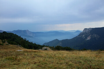 Fototapeta premium Hiking path and mountain landscape in Sutjeska National Park near Maglic peak, Dinaric Alps, Bosna and Herzegovina