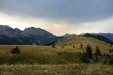 Hiking path and mountain landscape in Sutjeska National Park near Maglic peak, Dinaric Alps, Bosna and Herzegovina