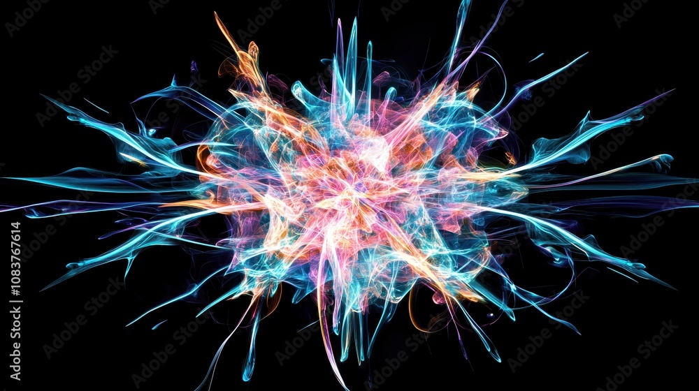 Poster Vibrant Abstract Explosion in Electric Colors with Dynamic Energy Flowing in Bright Blue, Pink and Orange, Creating a Mesmerizing Visual Effect on a Dark Background