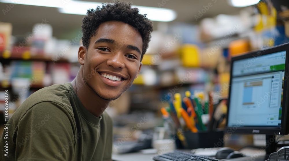 Poster A young man smiles while working at a computer in a busy office environment.
