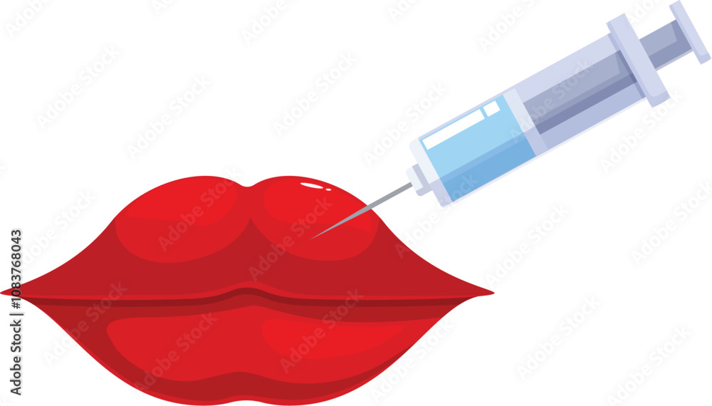 Poster close up of plumping procedure injecting filler into lips, enhancing volume and shape