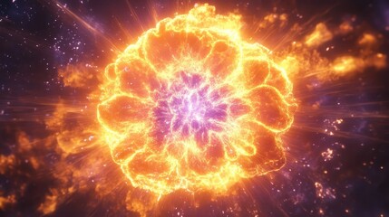 Fototapeta premium Explosive Energy Release in Space Captured in Vibrant Cosmic Explosion with Fiery Colors and Sparkling Starry Background for Astronomical Illustration