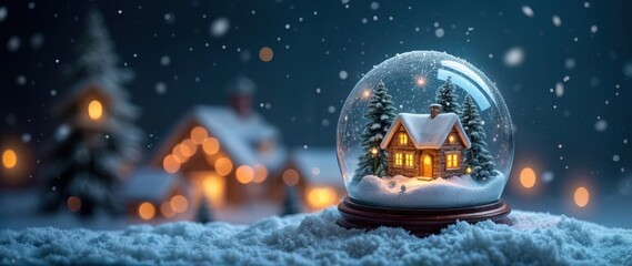 Banner for Christmas, New Year theme. Shimmering New Year's crystal ball. Christmas house with fir tree in snow globe on snowy background. Winter. New Year. Merry Christmas