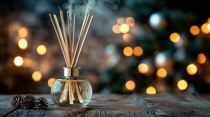 Fototapeta premium Diffuser with reeds, warm bokeh lights, cozy ambiance