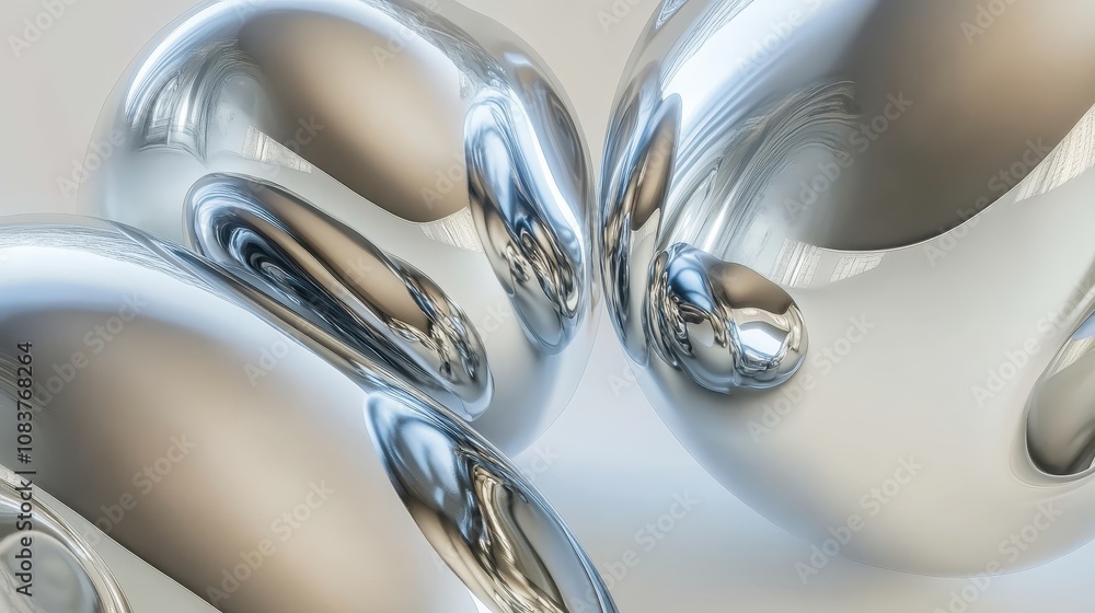 Poster abstract composition of polished metallic spheres reflecting light and shadows in a minimalist setti