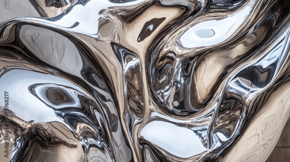 Poster abstract metallic sculpture featuring smooth curves and reflective surfaces, capture of intriguing f