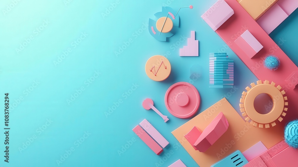 Poster a colorful assortment of geometric shapes and objects against a turquoise background, creating a pla