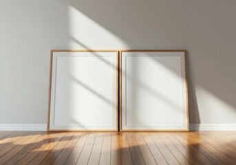 Two empty poster frames stand against the wall on the wooden floor 3d illustration.