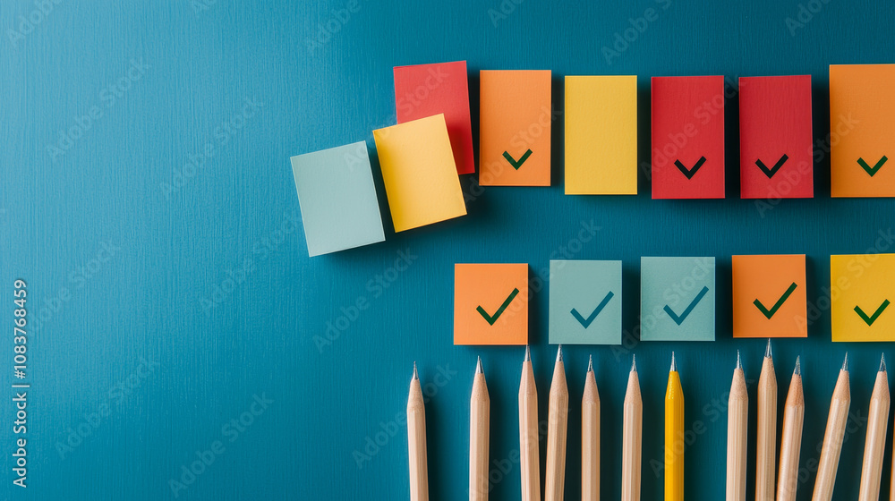 Poster colorful sticky notes with check marks and pencils on blue background create vibrant workspace. this