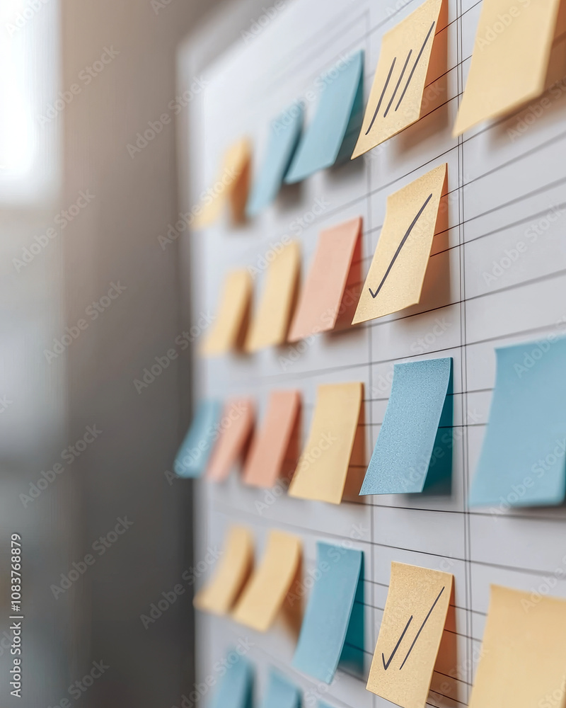 Poster organized sticky notes on board, showcasing colorful task management system. vibrant colors create v
