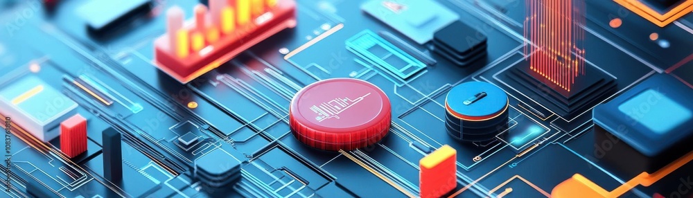Poster a close-up of a colorful circuit board showcasing various electronic components, including buttons, 