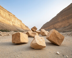 Large boulders scattered in desert canyon, surrounded by rocky cliffs and clear sky. scene evokes sense of tranquility and natural beauty