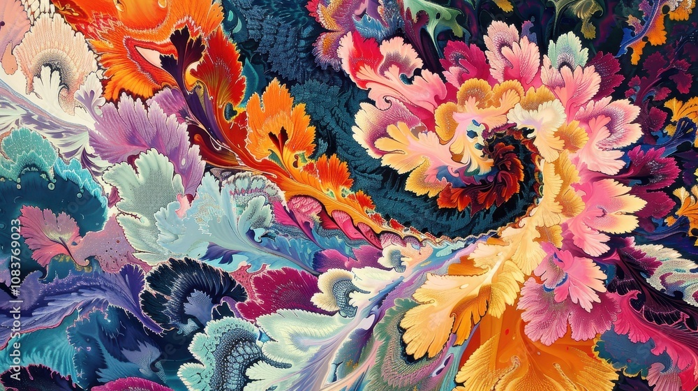 Poster vibrant abstract swirl with dynamic colors and floral patterns, showcasing a kaleidoscope of colorfu
