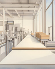Fototapeta premium bright and spacious industrial workspace featuring machinery and packing boxes, showcasing clean and organized environment. sunlight enhances productivity feel