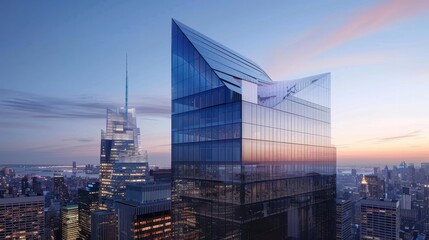 Fototapeta premium Stunning View of Modern Architectural Marvels in a City Skyline During Sunset with Building Reflections and Vibrant Colors