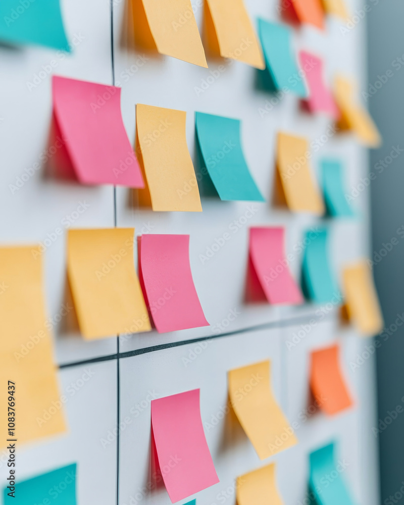 Poster colorful sticky notes arranged on whiteboard create vibrant workspace. these notes in various colors
