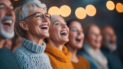 Obraz premium joyful group of people smiling and laughing together, showcasing happiness and connection. warm atmosphere is enhanced by soft lighting