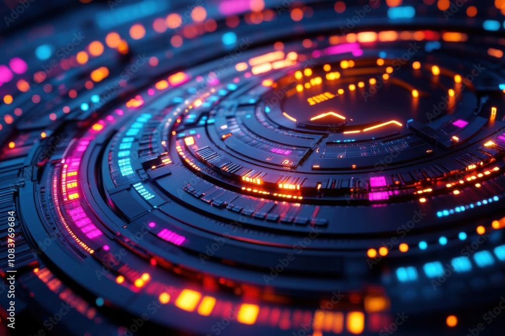 Aufkleber a vibrant, abstract representation of technology featuring circular patterns with glowing neon color