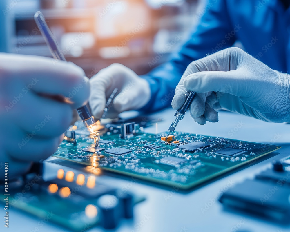 Poster hands working on circuit board with tools, showcasing precision and technology