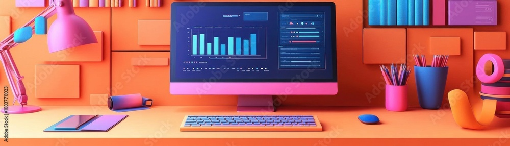 Poster a vibrant workspace featuring a colorful computer setup, showcasing data visualizations and a stylis