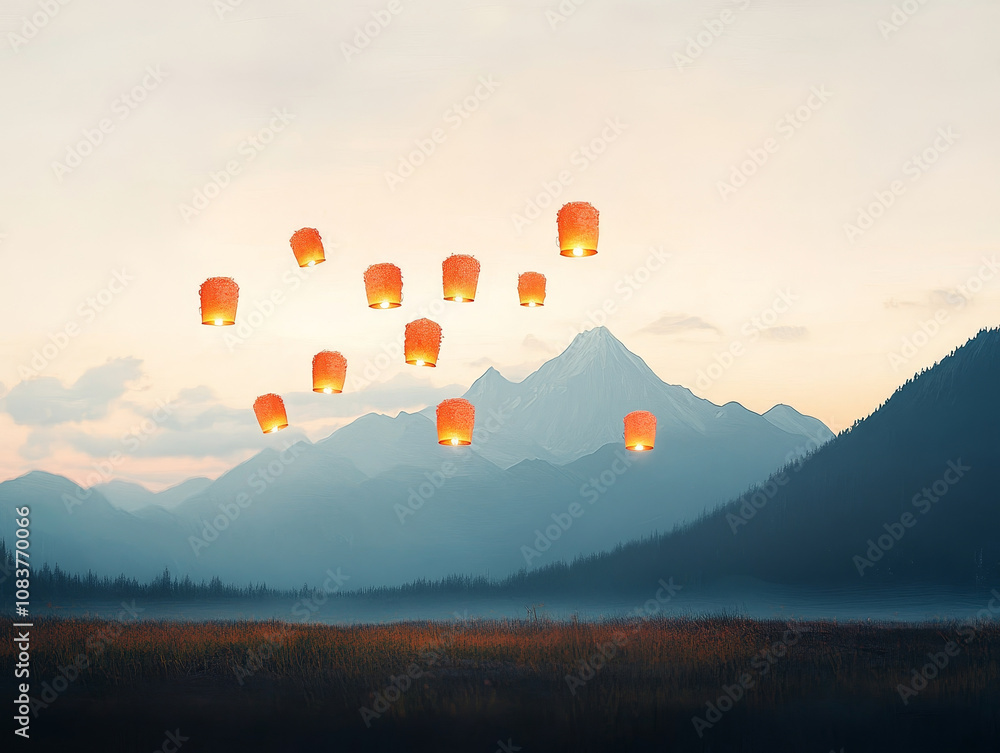 Poster magical scene of floating lanterns over serene mountain landscape at dusk, creating peaceful and enc