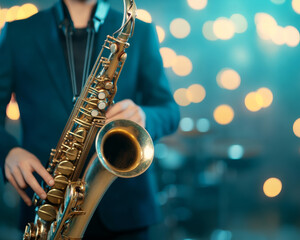 Fototapeta premium musician playing saxophone on stage with blurred background of lights, creating vibrant atmosphere. focus is on instrument and performer