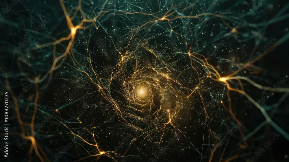 Poster abstract depiction of swirling electric currents and interconnected neural networks, emanating organ