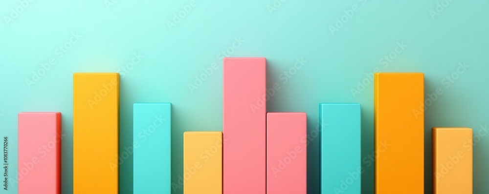 Poster a colorful arrangement of vertical bars against a mint-green background, representing data visualiza