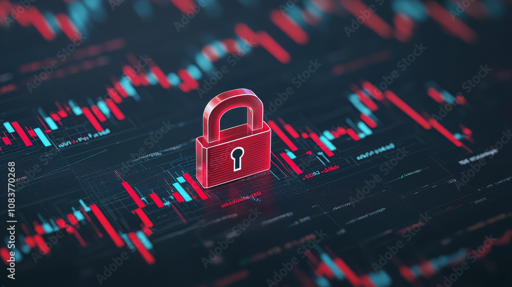 Poster digital lock symbolizing security in financial data analysis, with vibrant graphs and charts in back
