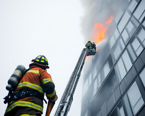 Firefighters battling blaze on high rise building with ladder truck. Smoke and flames are visible, showcasing urgency of situation