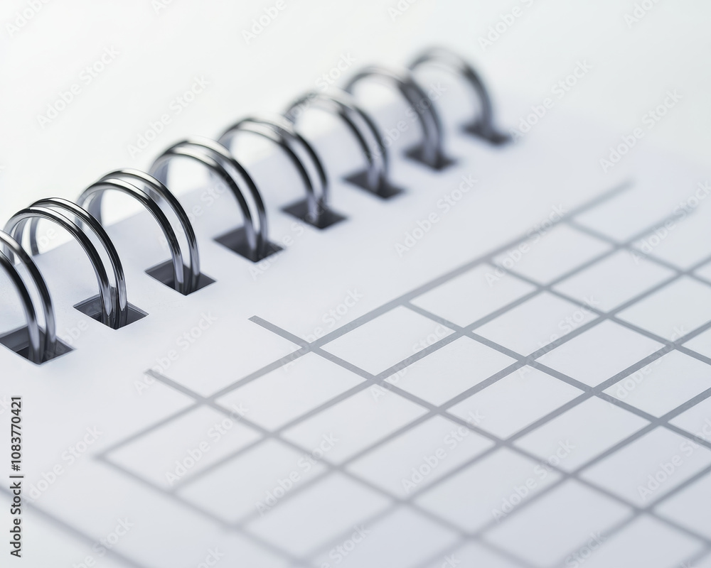Poster close up of spiral bound notebook with grid pattern on pages, showcasing its clean and minimalistic 