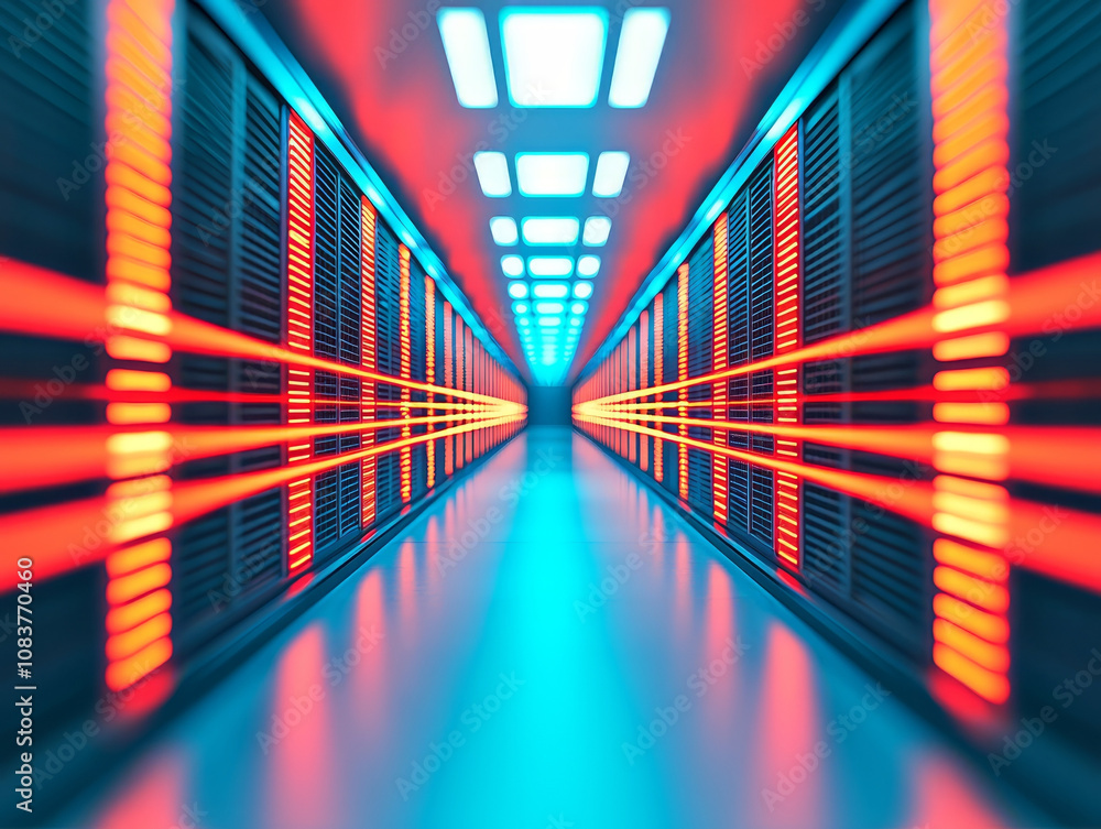 Poster futuristic data center corridor illuminated by vibrant blue and red lights, showcasing rows of serve