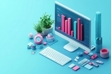 Obraz premium A modern workspace featuring a colorful monitor displaying graphs, accompanied by stationery and a potted plant on a vibrant blue background.