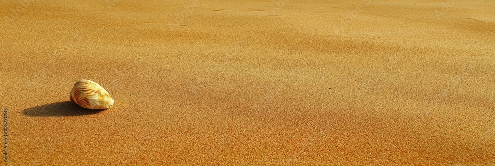 Poster a tranquil sandy beach showcases a solitary seashell illuminated by the soft light of dusk, inviting