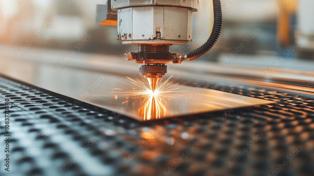 Poster laser cutting machine processes metal sheets, creating sparks and precision cuts in modern industria