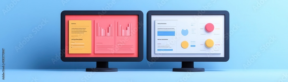 Poster two computer monitors showcase colorful data visualizations and charts, representing analytics and p