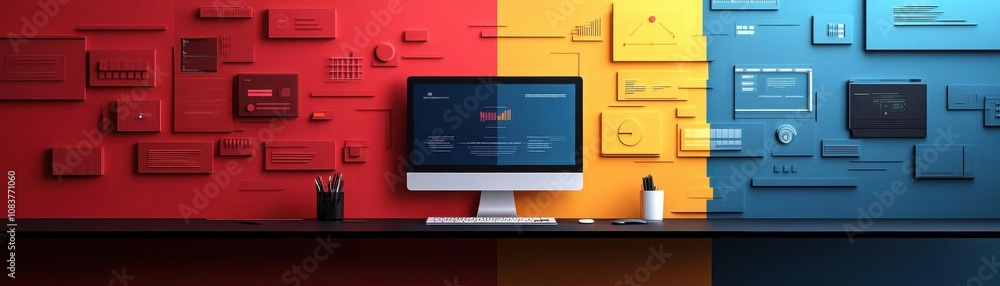 Poster a modern workspace featuring a computer against colorful walls, with various graphic designs and too