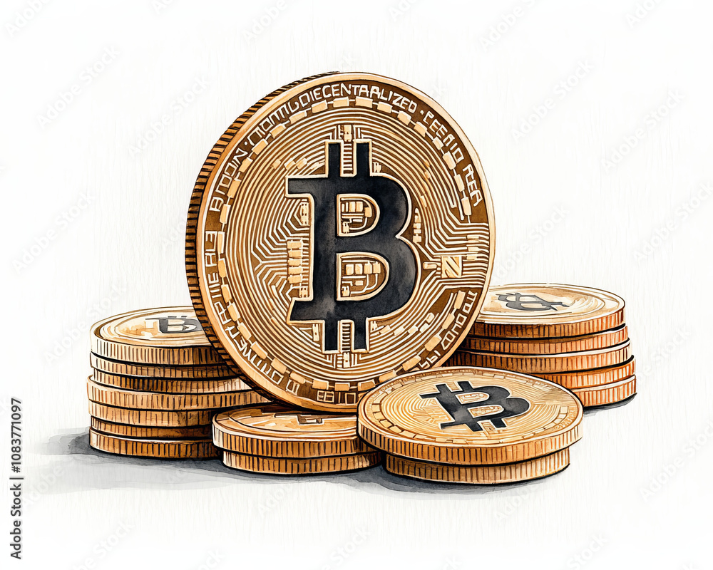 Aufkleber digital currency coins stacked, representing cryptocurrency and blockchain technology. image conveys