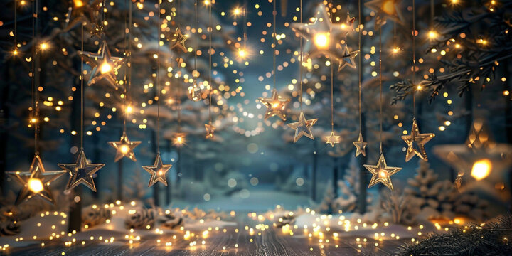 Festive background with twinkling lights and star-shaped decorations amidst a magical, wintery forest scene.

