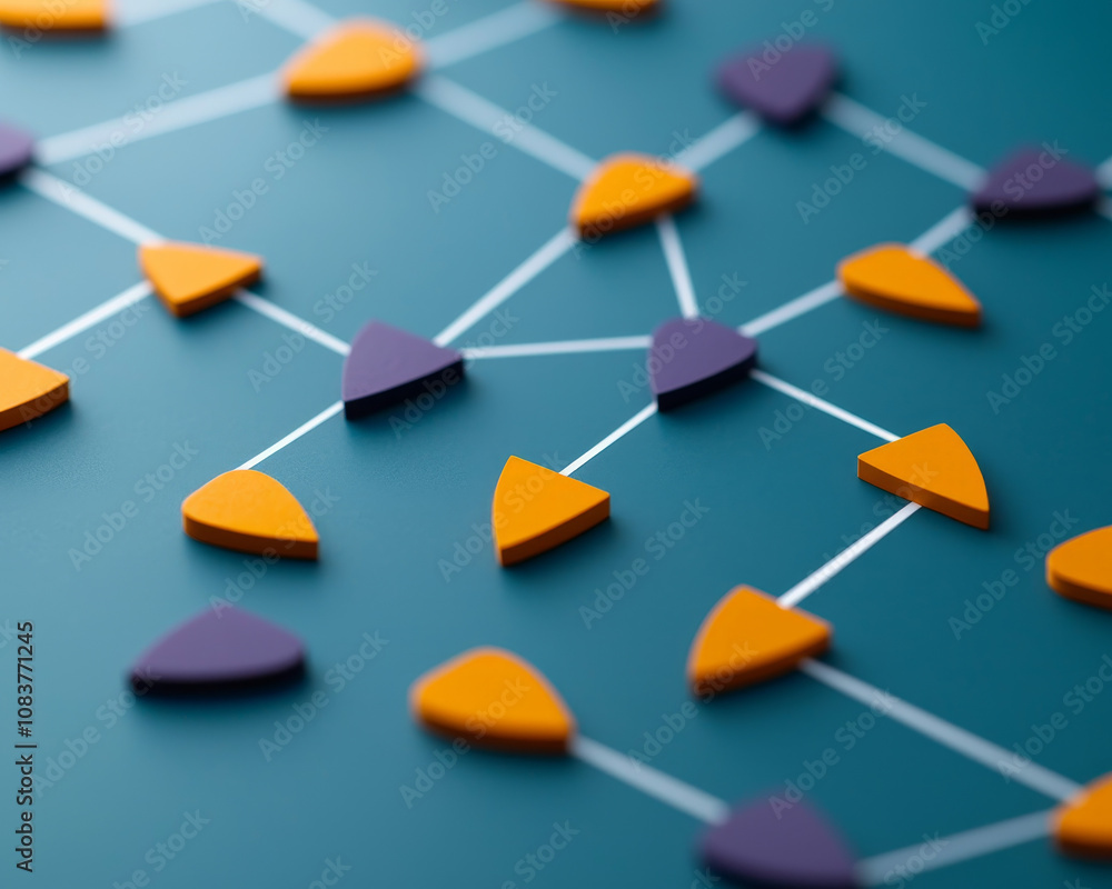 Poster colorful geometric shapes connected by lines on teal background create abstract design. vibrant oran