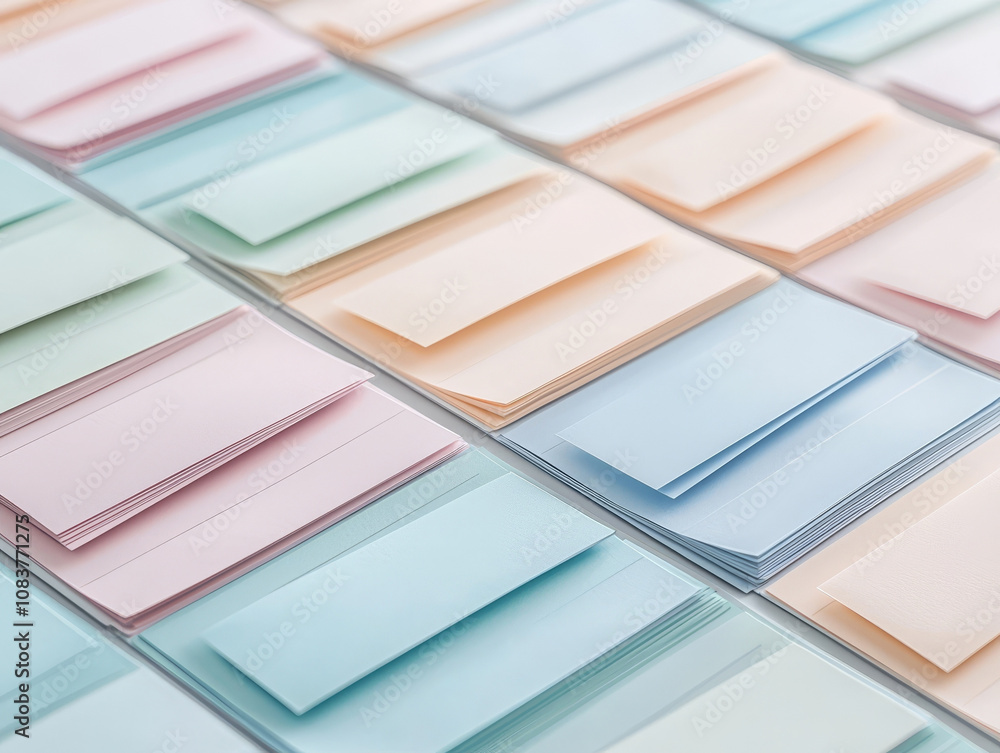 Poster colorful stacks of paper in pastel shades arranged neatly on surface, creating visually appealing pa
