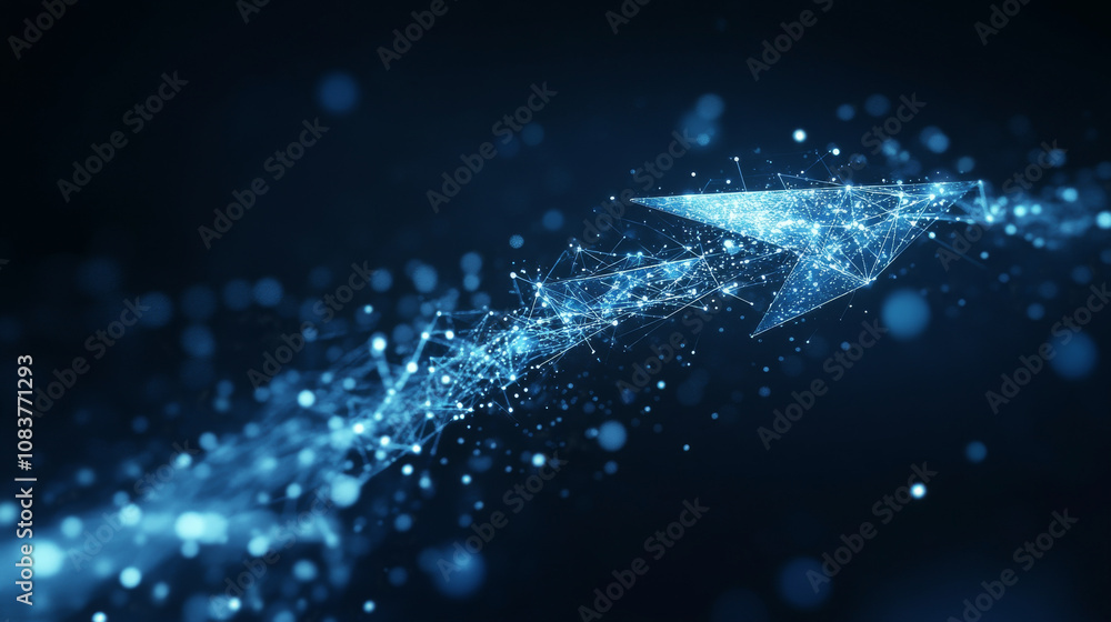 Poster this image shows a futuristic arrow chart pointing upwards, representing digital transformation and 