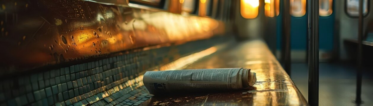 A lone, folded newspaper on an empty subway seat during the early morning