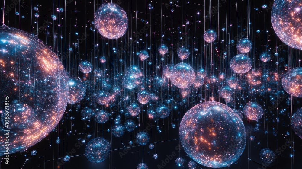 Poster ethereal cosmic background with glowing spheres and light patterns in a dark space, creating a futur