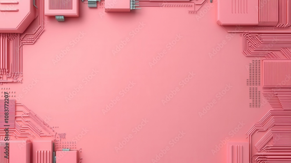 Poster a vibrant pink background featuring intricate circuit patterns and components, creating a modern tec