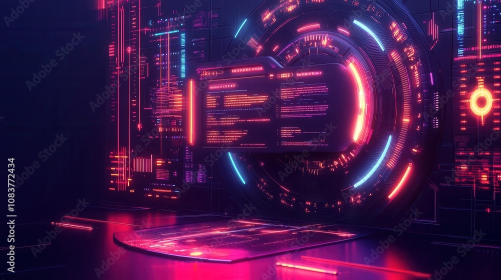 Poster a vibrant, futuristic digital interface with glowing neon patterns and intricate circuitry, evoking 